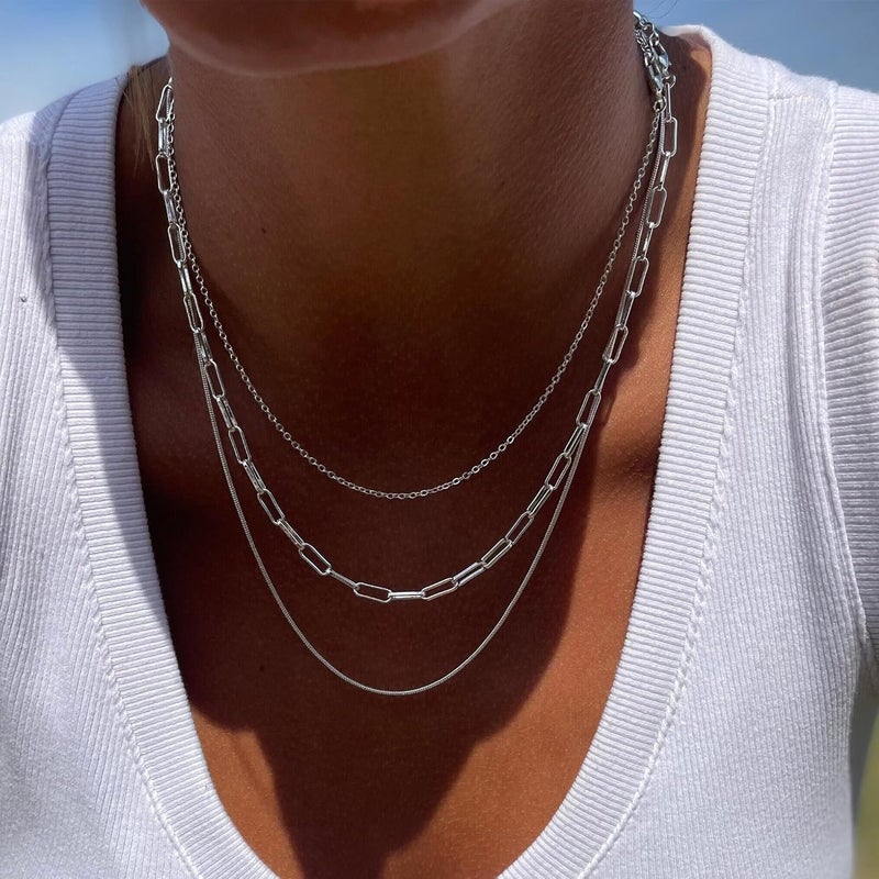 Moodear Gold Necklace for Women Dainty Chunky 14K Gold Plated/Sliver Plated Chain Necklace Cuban Link Paperclip Chain Choker Toggle Clasp Layered Necklace for Women Trendy Fashion Gift - Image 4